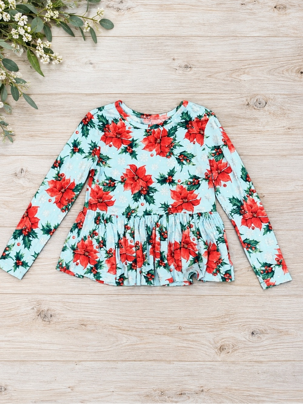 Posh Peanut Girls Christmas Poinsettia Ruffle Trim Top Size 7Y-8Y Holiday Bamboo